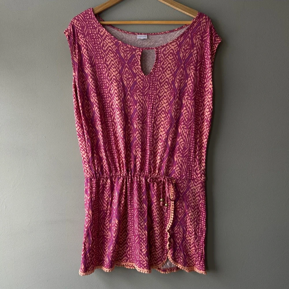 LASCANA Pink Orange Ikat Print Beach Cover Up‎ Dress Tunic Keyhole Tie Waist
